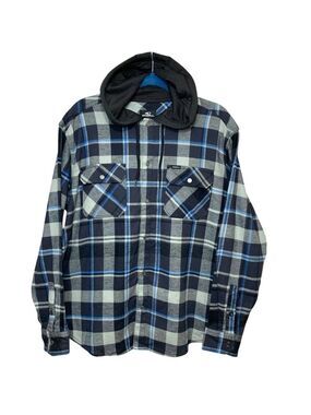 Oneill Liam Hooded Flanel Shirt Sz M Black Blue Plaid Snap Button Lumberjack NWT